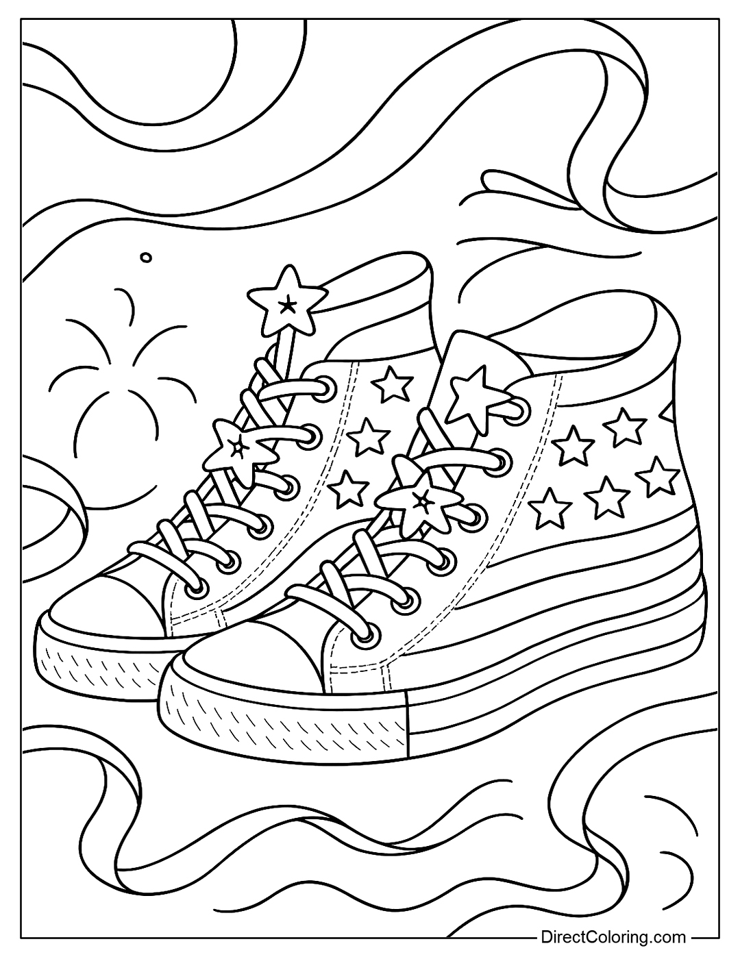 A coloring page of a pair of American flag patterned sneakers, with star-shaped laces, and a flying ribbon background.